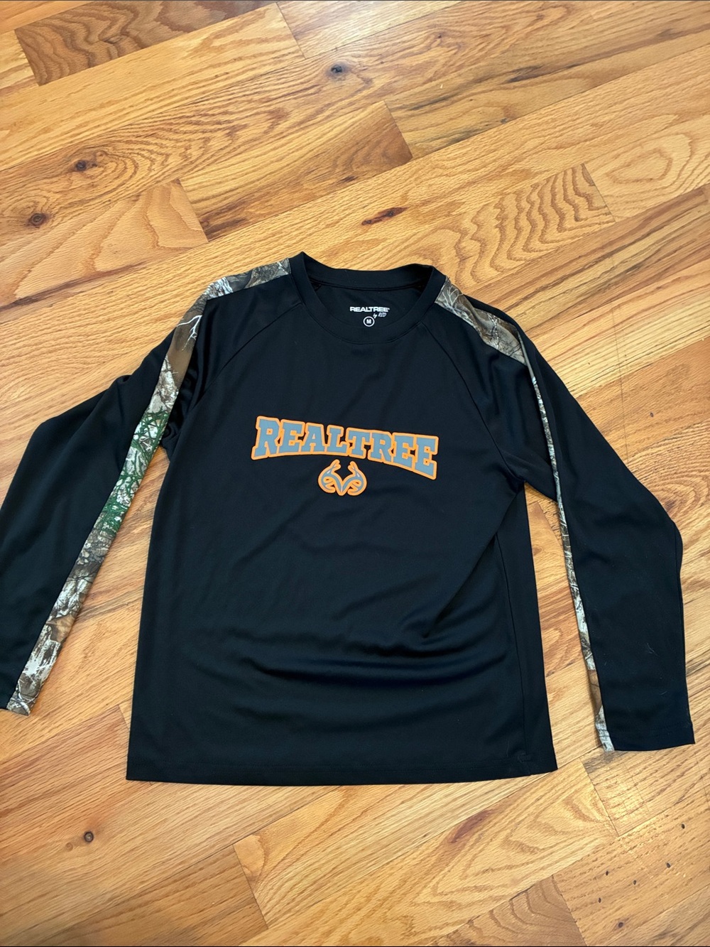 Realtree Black Long-Sleeve Tee with Orange Logo and Camo Accents